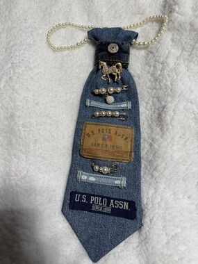 U.S. Polo Assn. Blue Denim Necklace with Pearl Chain